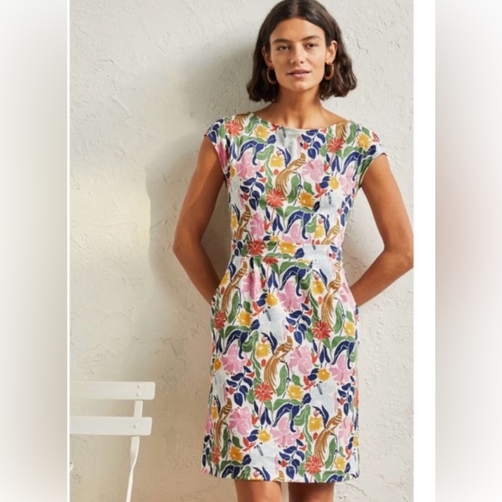 EUC Boden Florrie Jersey Bird Multicolor Print Short Sleeve Dress